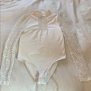 Free People Women White Mesh Mock Neck Bodysuit